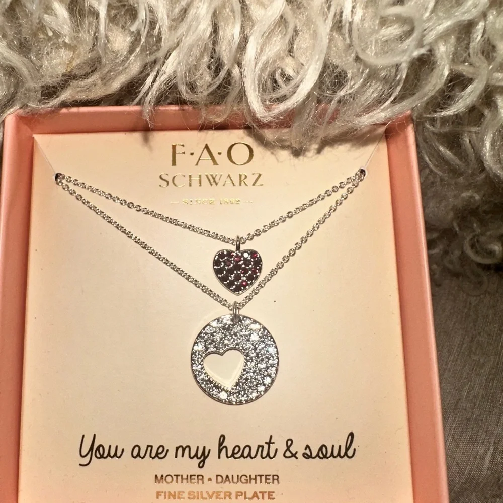 FAO Schwarz Silver Heart Mother Daughter Gift Necklace Set